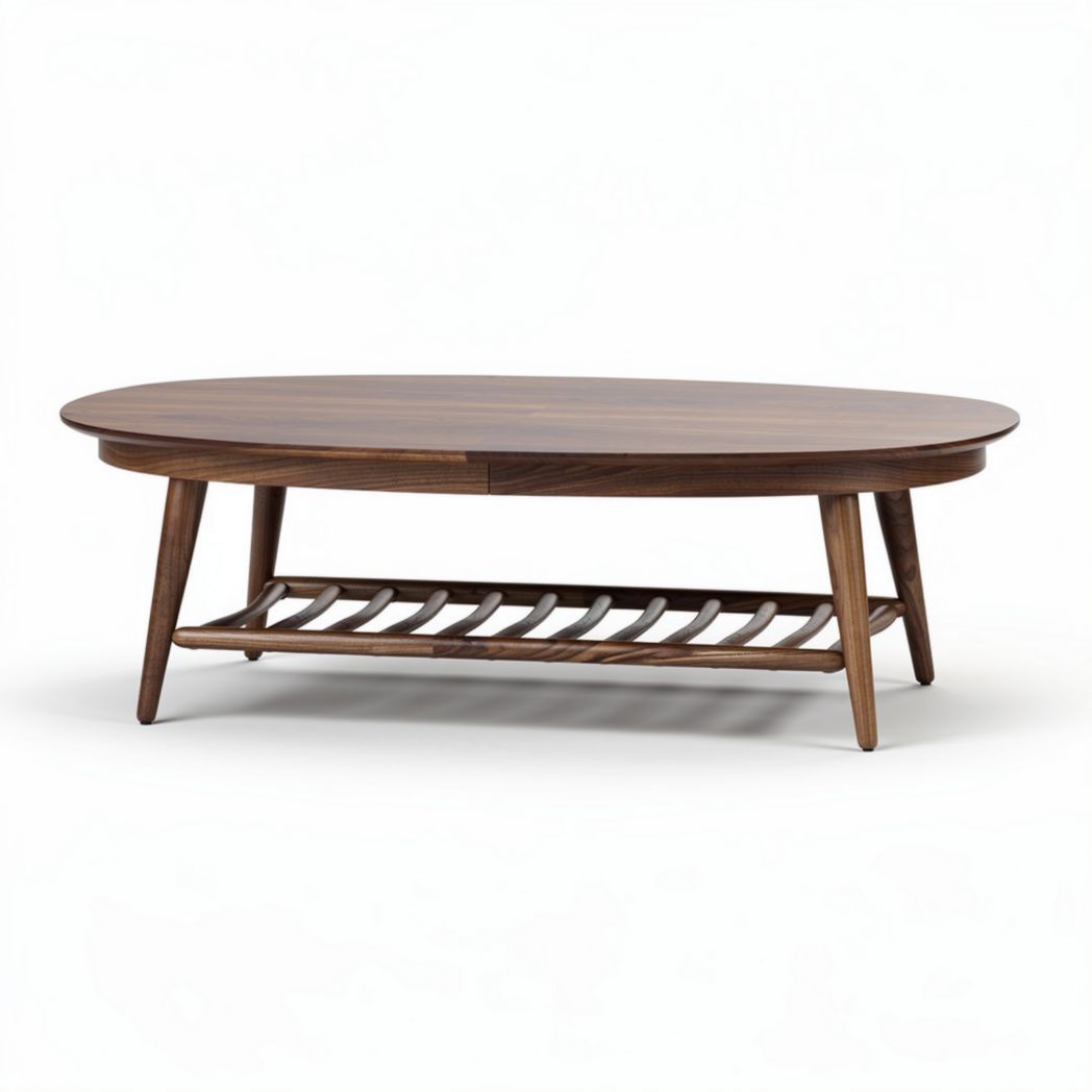 Oval wooden coffee table with storage shelf dimensions 120 x 75 x 45cm
