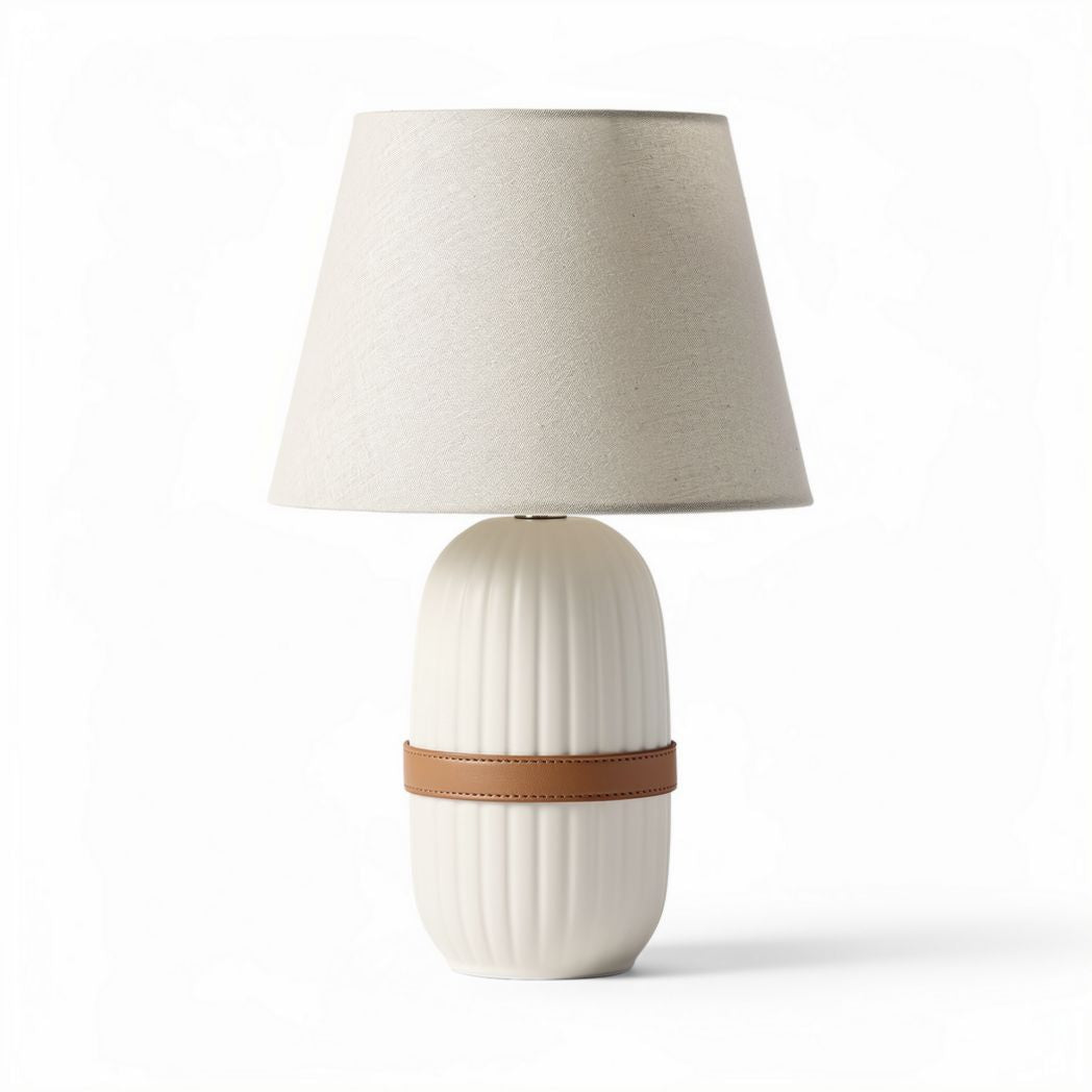 Ceramic table lamp with fabric shade and leather accent 25 x 25 x 40cm