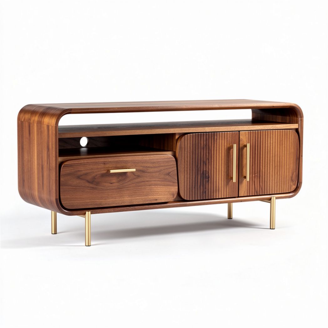 Mid-century modern walnut wood media console with gold accents 150 x 40 x 50cm