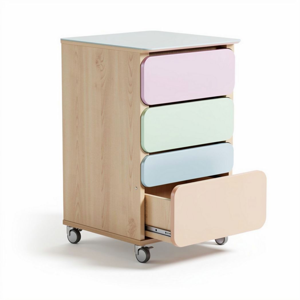 Wooden rolling storage cart with four pastel drawers and top surface 50 x 40 x 80cm