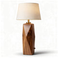 Geometric wooden table lamp with fabric shade and brass accents 30 x 25 x 60cm