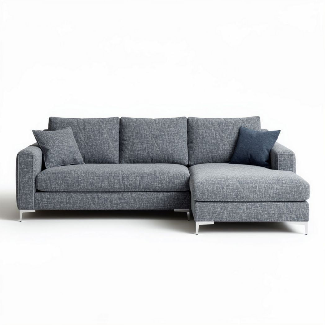 Sectional sofa in gray fabric with chaise lounge and two accent pillows 200 x 90 x 85cm