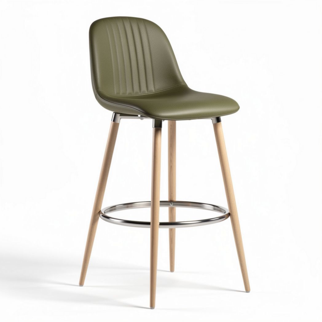 Green plastic bar stool with wooden legs and chrome footrest 44 inches high